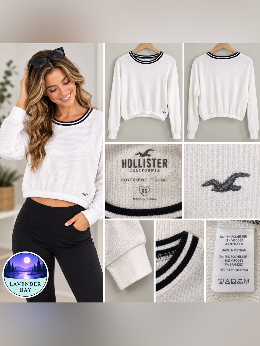 Hollister Boyfriend Waffle Knit Cropped Top XS White Black Stripe Long Sleeve